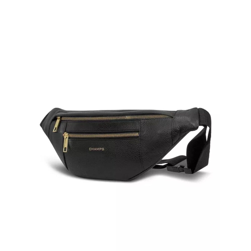 Champs Leather Waist-Pack Black Leather Belt Bag with Gold Hardware, leather bag